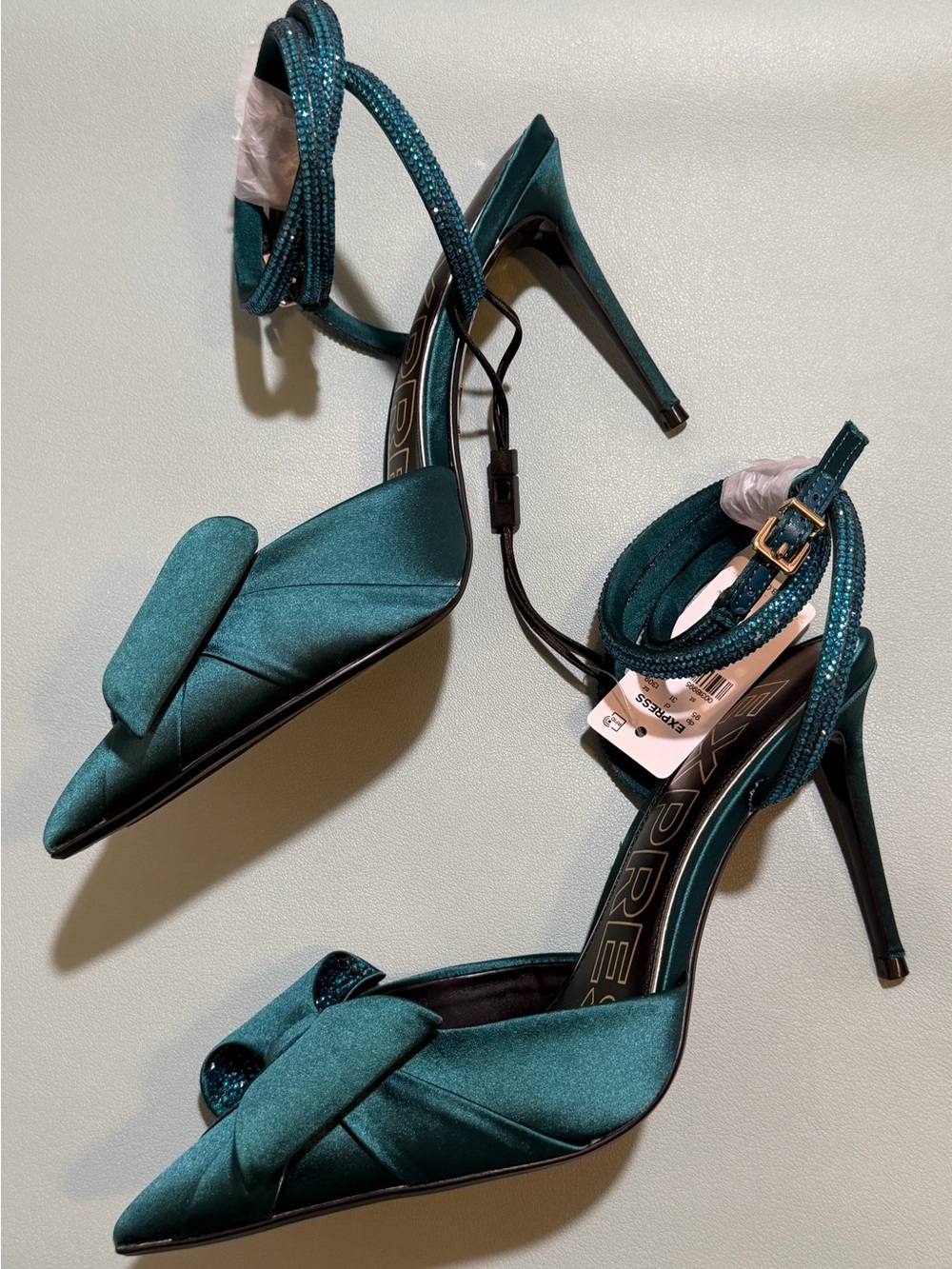 Express Teal Satin Pointed Toe Ankle-Tie Heels